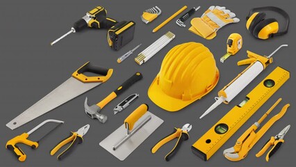 Construction work tools for building. Yellow hard hat with work equipment isolated on grey background. Layout for home service repair concept or hardware store showcase banner.Top view set of objects