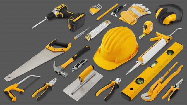 Construction work tools for building. Yellow hard hat with work equipment isolated on grey background. Layout for home service repair concept or hardware store showcase banner.Top view set of objects