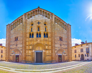 Facade of San Michele Maggiore Church in Pavia, Italy