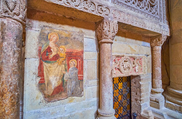 The stone decoration at the crypt in San Michele Maggiore Church, on April 9 in Pavia, Italy