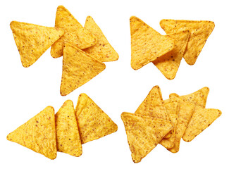 Delicious nachos chips collection, isolated on white background