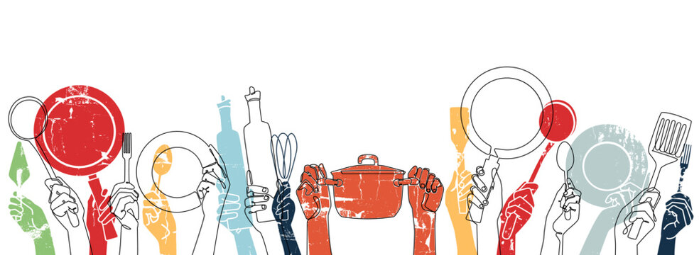 Cooking Background. Kitchen  pattern. Set of Hands with different utensils. Vector illustration. 