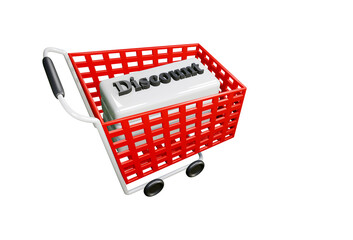 Red Shopping Cart Trolley with Discount Message. 3d Shopping basket or cart for promotion.