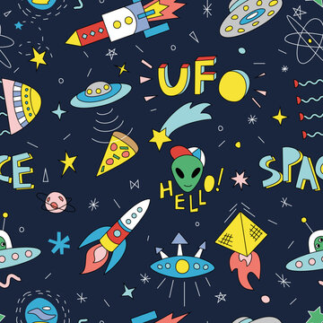 seamless fun pattern with rockets and UFO