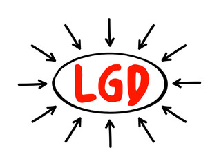 LGD - Loss Given Default is the share of an asset that is lost if a borrower defaults, acronym concept with arrows