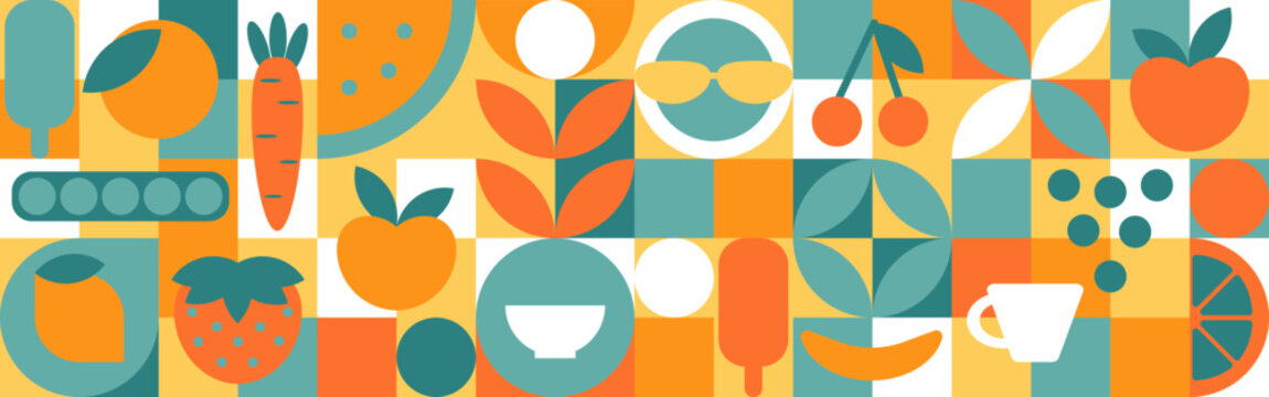 Fototapeta Food - set of geometric shapes, circles and squares drawn in flat cartoon vector. Fruits and vegetables in the modern trendy style of the 70s - apple, orange, lemon, cherry and peas.