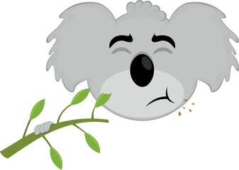 Vector illustration of the face of a cartoon koala eating a eucalyptus plant