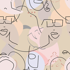 One line drawing. Abstract face seamless pattern.
