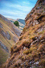 Winnats Pass in National Park Peak District in England before sunset 2022.