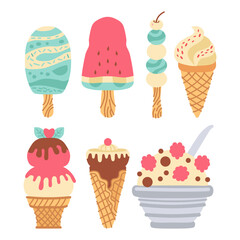 Set of different types of ice cream bar on a stick Isolated on white background. Collection of vector ice cream in waffle cones, popsicles, fruit ice, decorated with berries, chocolate or nuts.