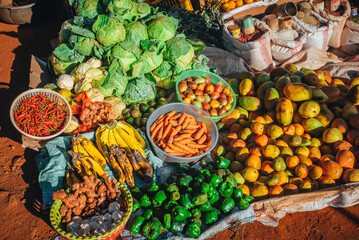 Fruit and vegetable market in Africa. Colorful healthy ingredients from the farm or from nature at...