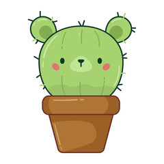 Kawaii bear cactus in flowerpot. Cute cartoon plants. Doodle houseplants. Character design. Vector illustration for stickers, greeting cards, logo and banners.