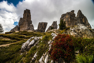 Clouds over Cinque Torri in Dolomites
