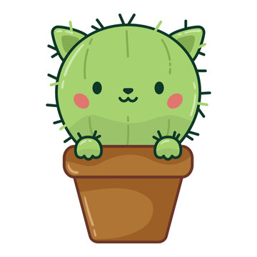 Cute kawaii cat cactus in a flowerpot on white background. Cartoon anime style. Doodle plants. Vector illustration for stickers, greeting cards, logo and banners.