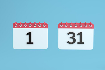 Day on the calendar start and end of month on blue background. 3d illustration