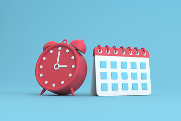 red alam clock  with calendar on blue background. 3d  illustration