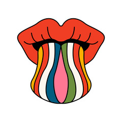 Lips with colorful tongue. Isolated vector illustration.