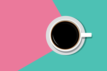 cup of coffee on the table, flat style. Mixed colors are calmly pink and blue-green. Vector illustration