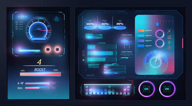 HUD, UI, GUI Futuristic User Interface. Dashboard, Scanning System infographic elements like scanning graph or waves. Cyberpunk graphs. Display with data for computing, virtual game. Blue neon color