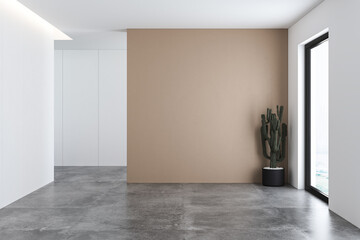 Minimalist empty room with  beige and white backgrounds, concrete floor, sun ray, cozy home, indoor plant. Copy space area for office and living rooms. 3d rendering
