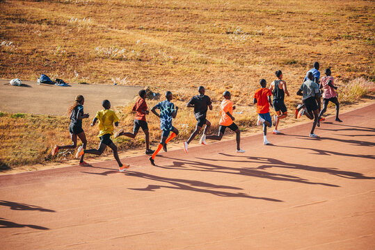 Kenyan marathon runners train at the athletics track in the town of Eldoret near Iten, the center of world endurance running. Preparation in Kenya for a running race