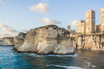 Beautiful view of the Pigeon Rocks on the promenade in the center of Beirut, Lebanon