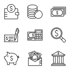 Set of money and payment methods icons. Pictogram isolated on a white background.