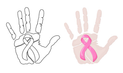 Set of vector illustrations Palm print with pink ribbon isolated on white background in casual style