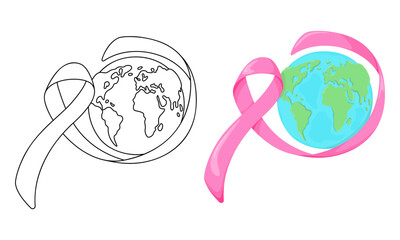 Set of vector illustrations Pink ribbon with planet earth isolated on white background in casual style