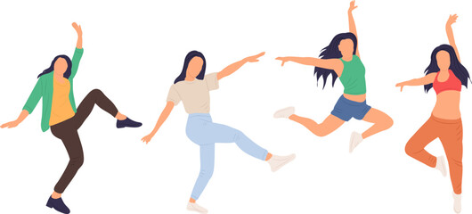 women dancing, jumping in flat style, isolated
