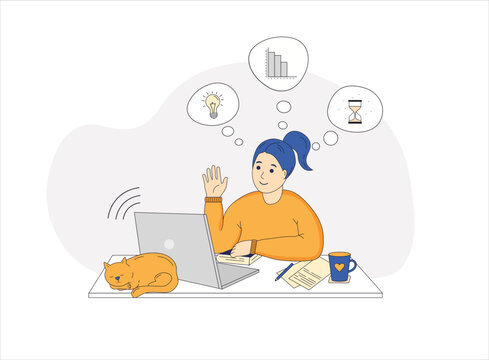 Online learning vector stock illustration. The concept of online learning at home, online test, distance learning.White skin girl sitting at the computer