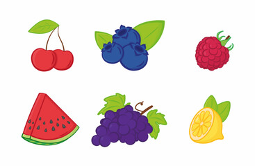 Colorful vector cartoon fruits set. Cherry, blueberry, raspberry, watermelon, grapes, lemon. - obrazy, fototapety, plakaty