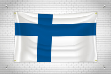 Obraz premium Finland flag hanging on brick wall. 3D drawing. Flag attached to the wall. Neatly drawing in groups on separate layers for easy editing.
