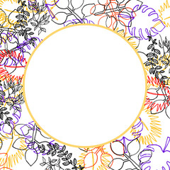 Cornice di foglie con contorni colorati, spazio rotondo a sfondo bianco per testo 