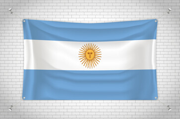 Argentina flag hanging on brick wall. 3D drawing. Flag attached to the wall. Neatly drawing in groups on separate layers for easy editing.