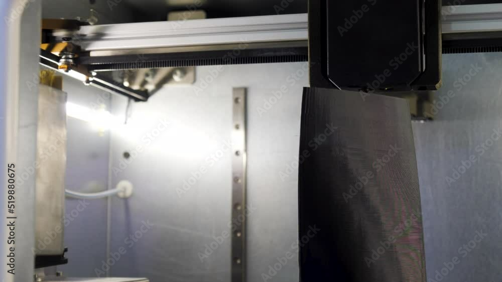 Poster automated technical 3d printer. media. 3d printer creates tall object. large automated 3d printer