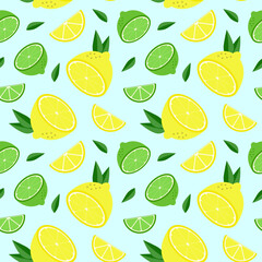 Seamless pattern with lemon and lime. Bright vector illustration of citrus fruit for wrap design and print on textiles.