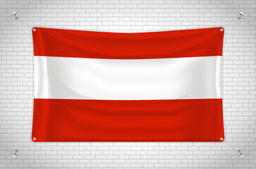 Austria flag hanging on brick wall. 3D drawing. Flag attached to the wall. Neatly drawing in groups on separate layers for easy editing.