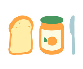 Toast slice, jam jar and knife vector illustration. Mini breakfast set isolated on white background - 519880852