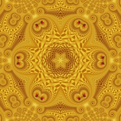 Fototapeta na wymiar hexagonal kaleidoscopic design bright vivid yellow spiral shape with just one red coloured strawberry