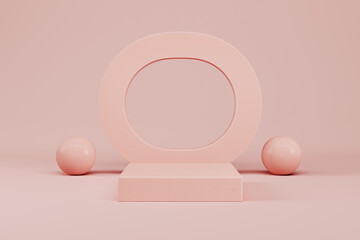 Cream pink color pedestal with abstract shape geometry on pastel background for product display