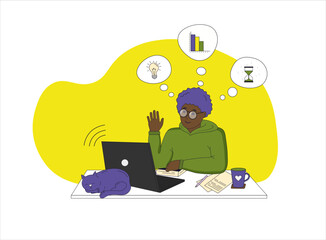Happy little African American boy studies with computer and books. Online education, home school concept.