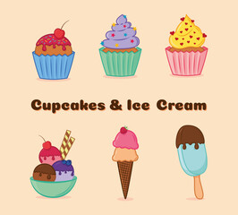 Cupcakes and ice-cream colorful cartoon vector set. - obrazy, fototapety, plakaty