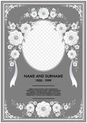 Memorial funeral card templates with flowers paper cut.