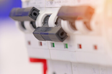 Included circuit breakers current close-up, soft focus.Sunflare.