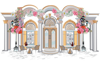 Series of backgrounds decorated with flowers, old town views and street cafes.    Hand drawn vector architectural background with historic buildings.  - 519882034