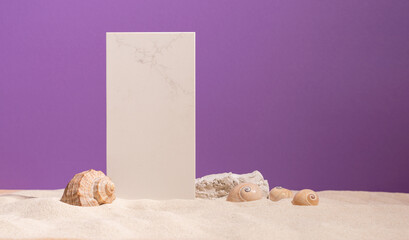 Creative podium stone on sand purple background, gothic style, template for trendy cosmetics product