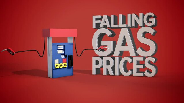 Gas Pump With Animated Handle and Falling Gas Prices Text. gas pump justified left animating gas pump handle with words falling gas prices to the right
