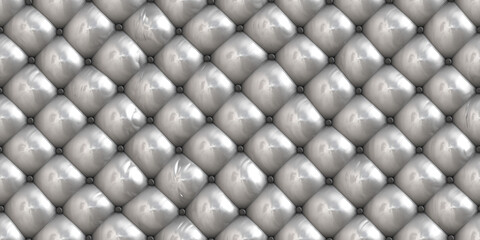 Seamless luxury grey leather padded upholstery background texture. Trendy elegant retro silver vinyl diamond tufted chesterfield pattern, ideal for sofa cushion, headboard or backdrop. 3D rendering..