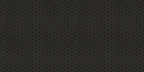 Seamless perforated black leather background texture. Tileable trendy elegant dark grey leatherette with pierced holes. Luxury steering wheel or auto seat upholstery material pattern. 3D rendering..